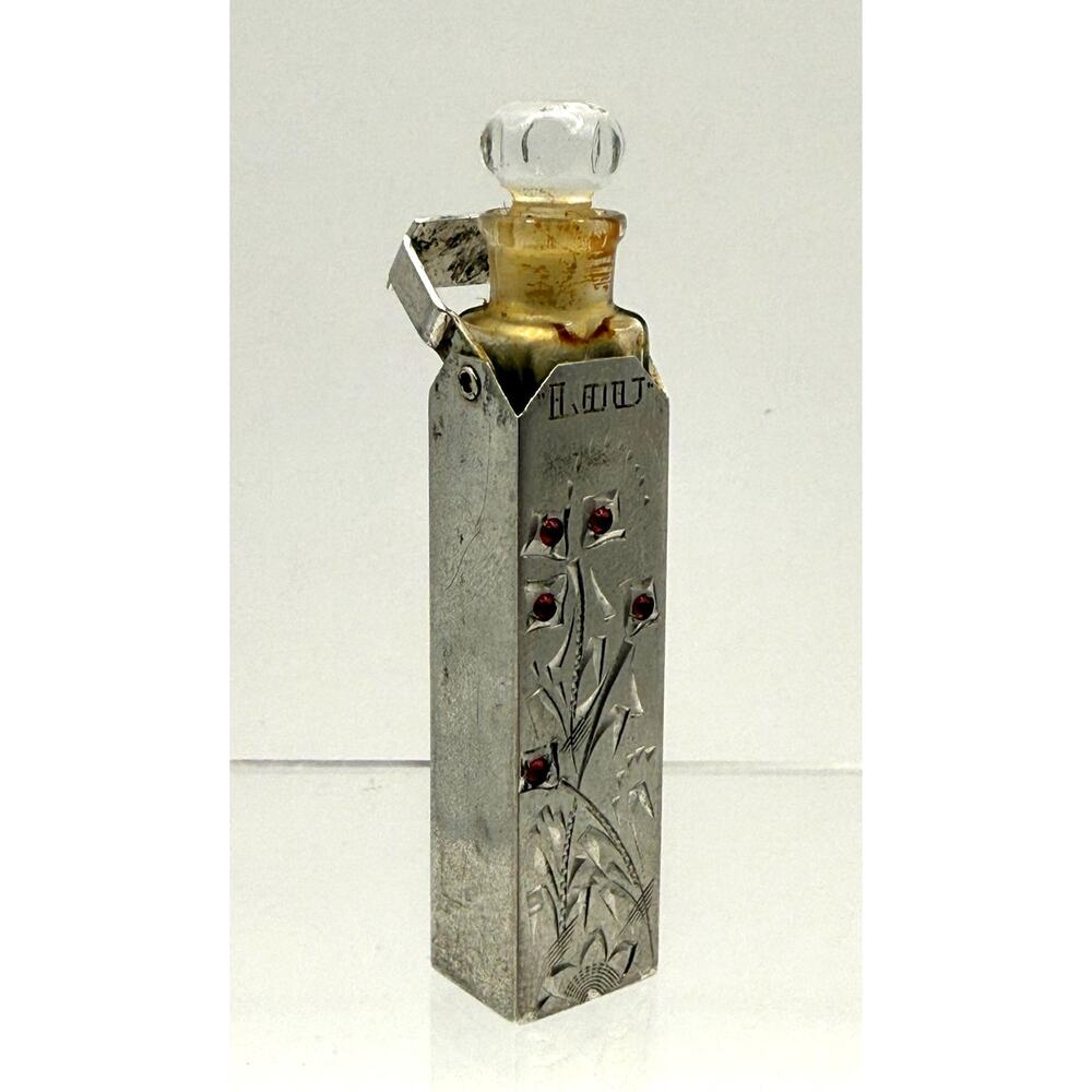 Antique Sterling Silver Spring Loaded Perfume Bottle Holder W/Red Gems